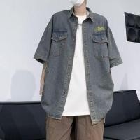 ราคา Short-Sleeve Collar Lettering Embroidered Washed Denim Jacket (1130378118)
