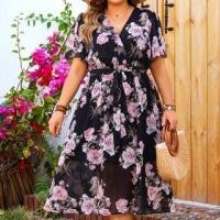 ราคา Plus Size Short-Sleeve V-Neck Floral Print Midi A-Line Wrap Dress (1130383195)
