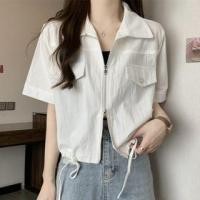 ราคา Short-Sleeve Pocketed Zip-Up Plain Crop Shirt (1130051968)