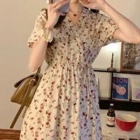 ราคา Short Sleeve V-Neck Floral Print Midi A-Line Wrap Dress (1130512407)