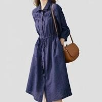 ราคา 3/4-Sleeve Collared Plain Ruched Drawstring Waist Button-Up Midi A-Line Dress (1130523948)