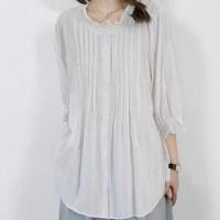 ราคา 3/4-Sleeve Stand Collar Plain Frill Trim Pintuck Button-Up Blouse (1130523894)