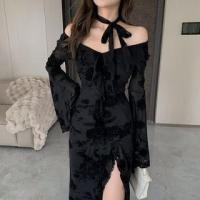 ราคา Long Sleeve Off Shoulder Floral Ruffle Slit Maxi Sheath Dress (1130516340)
