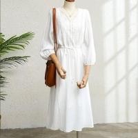 ราคา 3/4 Sleeve Embroidered V-Neck Drawstring Midi A-Line Dress (1130527023)