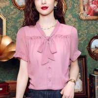 ราคา Short-Sleeve Tie-Neck Plain Button Accent Frill Trim Studded Blouse (1130538030)