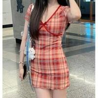 ราคา Short-Sleeve V-Neck Plaid Bow Accent Contrast Trim Mini Bodycon Dress (1130557402)