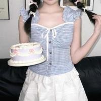 ราคา Cap-Sleeve Plaid Bow Frill Trim Blouse (1130566298)