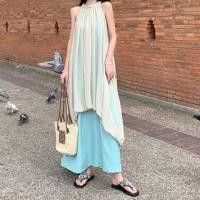 ราคา Halter Neck Two Tone Ruched Tie Back Maxi Tunic Dress (1130568828)