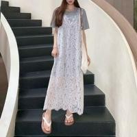 ราคา Elbow-Sleeve Round Neck Plain T-Shirt / Sleeveless V-Neck Lace Maxi Jumper Dress (1130565732)