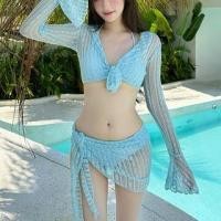ราคา Set: Halter Neck Plain Bikini Top + Bottom + Tie Front Lace Cover Up Jacket + Skirt (1130578366)