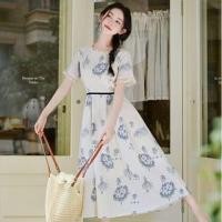 ราคา Short-Sleeve Round Neck Floral Lace Trim Midi A-Line Dress (1130579809)