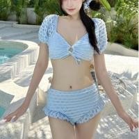 ราคา Set: Puff-Sleeve V-Neck Plain Perforated Tie Front Swim Top + Frill Trim Bottom + Headkerchief (1130580676)