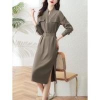 ราคา Long Sleeve V-Neck Collared Plain Belted Midi Shirt Dress (1130653565)