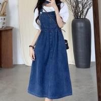 ราคา Drawstring Waist Washed Denim Midi A-Line Jumper Dress / Elbow-Sleeve Round Neck Plain T-Shirt (1129376804)
