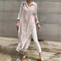 ราคา Long-Sleeve Striped Slit Tunic Shirt Stripes - Almond - One Size (1130683221)