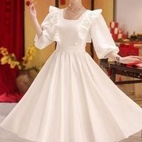 ราคา 3/4-Sleeve Square Neck Plain Ruffle Trim Midi A-Line Cocktail Dress (1130695230)