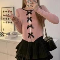 ราคา Long Sleeve Round Neck Bowknot Cut Out Crop Knit Top (1130681642)