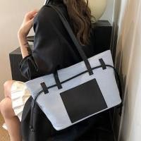 ราคา Two Tone Faux Leather Panel Canvas Tote Bag (1130683073)