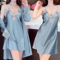 ราคา Set: Spaghetti Strap V-Neck Plain Lace Trim Nightdress + Pajama Robe (1130694821)