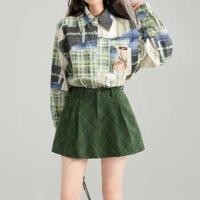 ราคา Long-Sleeve Plaid Bear Applique Button-Up Shirt / High Waist Pleated Mini A-Line Skirt (1130695477)