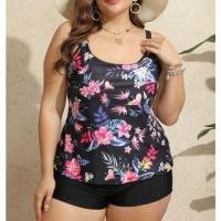 ราคา Set: Plus Size Scoop Neck Floral Print Swim Tank Top + Plain Swim Shorts (1130694095)