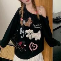 ราคา Long-Sleeve Cold Shoulder Dog Print Lace Panel Applique T-Shirt (1130704049)