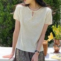 ราคา Short-Sleeve Round Neck Plain Tie Front Keyhole Knit Top (1130706229)