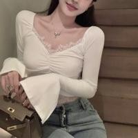 ราคา V-Neck Lace Panel Long-Sleeve Top (1130703605)