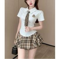 ราคา Short-Sleeve Applique Polo Shirt / Neck Tie / Mid Rise Plaid A-Line Skorts / Set (1130728560)
