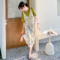 ราคา Set: V-Neck Plain Cutout Knit Midi Pinafore Dress + Short-Sleeve Round Neck T-Shirt Dress (1130733221)