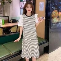 ราคา Maternity Puff-Sleeve Crew Neck Striped Ruffle Midi T-Shirt Dress (1130733385)