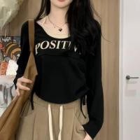 ราคา Long-Sleeve Scoop Neck Lettering Drawstring T-Shirt (1130746644)