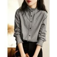 ราคา Long-Sleeve Stand Collar Plaid Frill Trim Button-Up Blouse (1130773813)