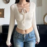 ราคา Long Sleeve Square Neck Plain Lace Trim Tie Front Cropped Top (1130754883)