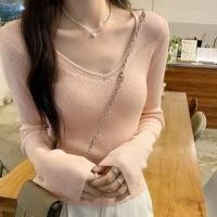 ราคา Long Sleeve V-Neck Plain Paneled Slim-Fit Knit Top (1130757249)