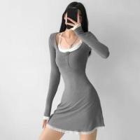 ราคา Set: Long-Sleeve Henley Plain Lace Trim Mini Sheath Dress + Camisole Top (1130764295)