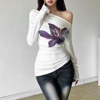 ราคา Long Sleeve Cold Shoulder Floral Print Ribbed Crop Top (1130786241)