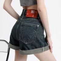 ราคา High Waist Lettering Applique Roll Up Hem Washed Denim Shorts (1130788202)