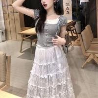 ราคา Cap-Sleeve Scoop Neck Mock Two-Piece Two Tone Bow Accent Lace Trim Crop T-Shirt / High Waist Plain Tiered Midi A-Line Skirt (1128961266)