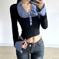 ราคา Long Sleeve Collared V-Neck Pinstriped Panel Cropped Polo Shirt (1130809492)