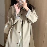 ราคา Collared Plaid Panel Button-Up Long Trench Coat (1130816690)