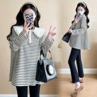 ราคา Maternity Long Sleeve Ruffle Trim Collar Striped T-Shirt (1130807797)