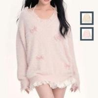 ราคา Halter V-Neck Mock Two-Piece Plain Bow Accent Frayed Sweater (1130814667)