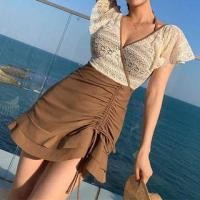 ราคา Set: Halter Plain Bikini Top + Bikini Bottom + Short-Sleeve Drawstring Lace Panel Swim Dress (1129855200)