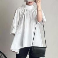 ราคา Elbow-Sleeve Stand Collar Plain Blouse (1129633792)