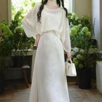 ราคา Set: Flared-Sleeve Crew Neck Plain Sheer Blouse + Spaghetti Strap Leaf Print Maxi A-Line Dress (1130823531)