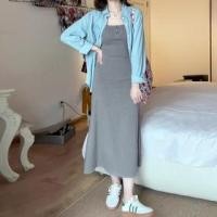 ราคา Long-Sleeve Plain Pocket Detail Denim Shirt / Henley Maxi Tank Dress / Set (1130828568)