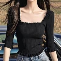 ราคา Elbow-Sleeve Square Neck Ribbed Plain Knit Top (1130828141)
