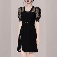ราคา Short-Sleeve Dotted Mesh Midi A-Line Dress (1104972263)