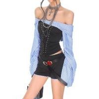ราคา Set: Flared-Sleeve Off-Shoulder Striped Panel Lace-Up Cropped Blouse + Low Rise Plain Hot Pants (1130848837)